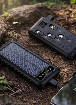 Solar Power Bank 10000mAh with Built-In USB-C, Lightning & Micro Cables, LED Display, Flashlight