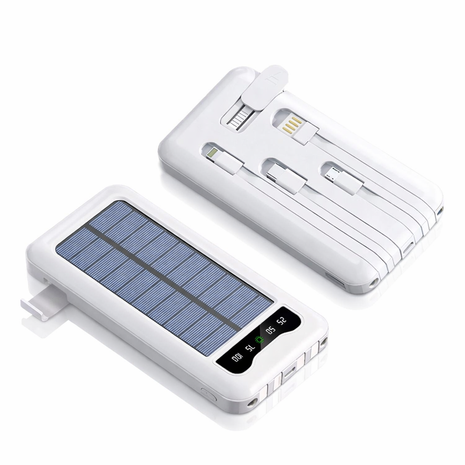 Solar Power Bank 10000mAh with Built-In USB-C, Lightning & Micro Cables, LED Display, Flashlight