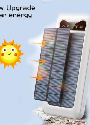 Solar Power Bank 10000mAh with Built-In USB-C, Lightning & Micro Cables, LED Display, Flashlight