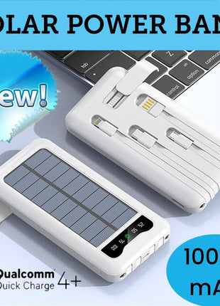 Solar Power Bank 10000mAh with Built-In USB-C, Lightning & Micro Cables, LED Display, Flashlight