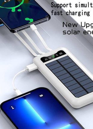 Solar Power Bank 10000mAh with Built-In USB-C, Lightning & Micro Cables, LED Display, Flashlight