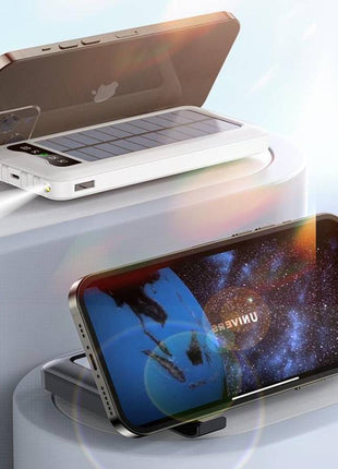 Solar Power Bank 10000mAh with Built-In USB-C, Lightning & Micro Cables, LED Display, Flashlight