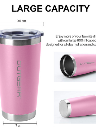 OutGear 600ml Stainless Steel Thermal Travel Mug – Double-Wall Insulated, BPA-Free Sliding Lid, Hot & Cold Retention, Fits Car Cup Holders - Pink