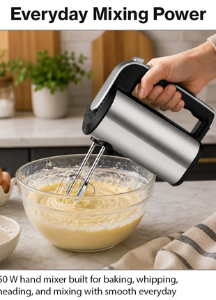 650W Hand Mixer – 5-Speed + Turbo, Chrome Finish, 2 Beaters & 2 Dough Hooks with Eject Button