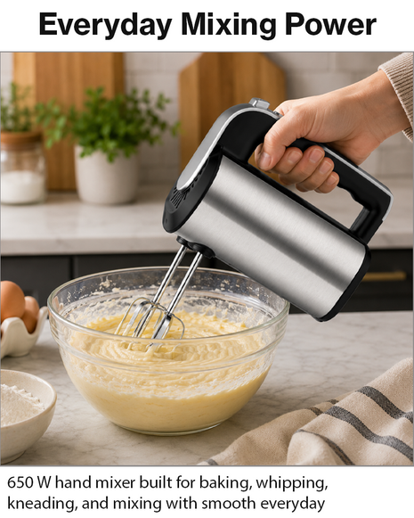 650W Hand Mixer – 5-Speed + Turbo, Chrome Finish, 2 Beaters & 2 Dough Hooks with Eject Button