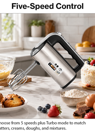 650W Hand Mixer – 5-Speed + Turbo, Chrome Finish, 2 Beaters & 2 Dough Hooks with Eject Button