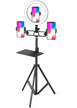 Fill Light Tripod Stand 2.5m with 25cm Dimmable Ring Light + 3 Phone Holders + Rotatable Mic Arm – Black