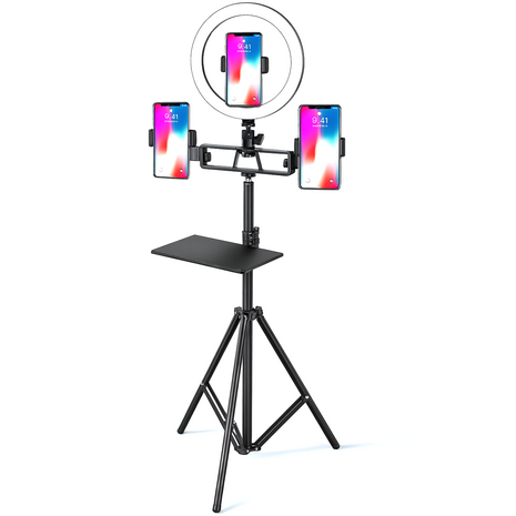 Fill Light Tripod Stand 2.5m with 25cm Dimmable Ring Light + 3 Phone Holders + Rotatable Mic Arm – Black