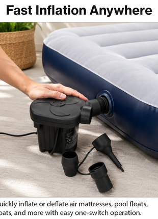 Two-Way Electric Air Pump Inflator Deflator with 3 Nozzles for Air Mattresses Pool Floats Boats