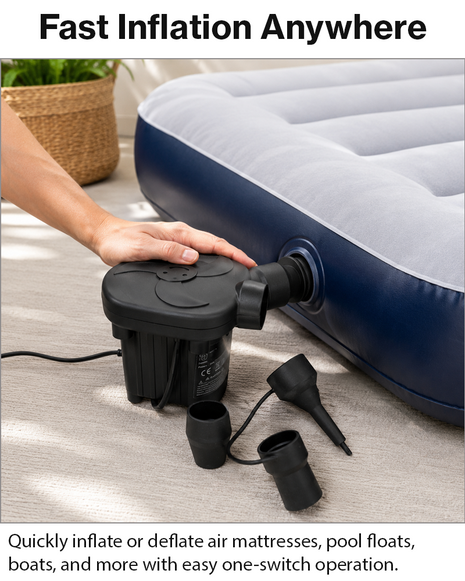 Two-Way Electric Air Pump Inflator Deflator with 3 Nozzles for Air Mattresses Pool Floats Boats