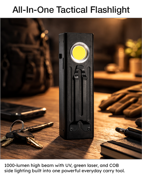 OutGear 1000 Lumens USB-C Rechargeable Aluminum Flashlight with UV & Green Laser | 8 Modes, 100m Beam, 3.7V, IP44