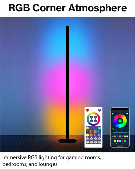 RGB Corner Floor Lamp, 122 cm Aluminum & ABS Smart LED Light Bar with Remote, App Control, Music Sync, Multicolor Modes