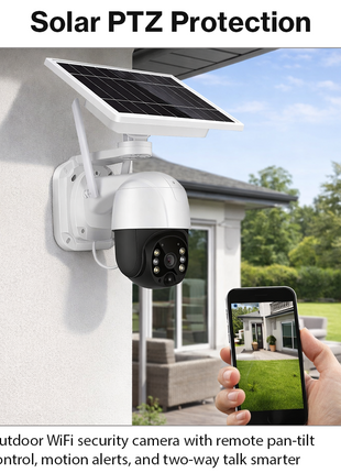 Solar Powered PTZ Security Camera WiFi IP66 Waterproof Motion Detection IR & Full Color Night Vision 3W USB-C 128GB MicroSD Support