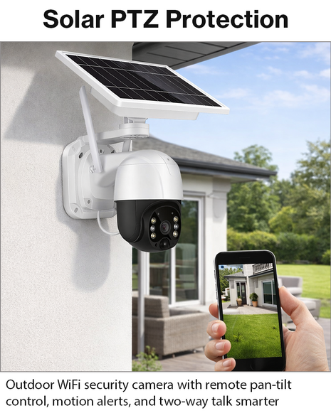 Solar Powered PTZ Security Camera WiFi IP66 Waterproof Motion Detection IR & Full Color Night Vision 3W USB-C 128GB MicroSD Support