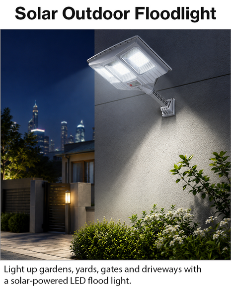 300W Solar LED Flood Light – Remote Control, Light Sensor & Timer, Separate Solar Panel, Outdoor Waterproof