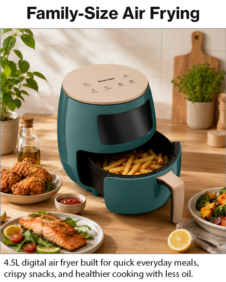 Silver Crest S-18 Air Fryer – XL Capacity, Digital Touchscreen, 4 Preset Functions, Non-Stick Basket, 1400W Power, for 2–4 People - Green