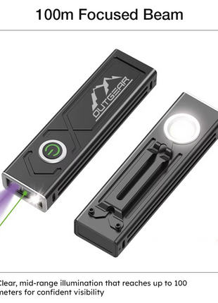 OutGear 1000 Lumens USB-C Rechargeable Aluminum Flashlight with UV & Green Laser | 8 Modes, 100m Beam, 3.7V, IP44