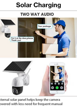 Solar Powered PTZ Security Camera WiFi IP66 Waterproof Motion Detection IR & Full Color Night Vision 3W USB-C 128GB MicroSD Support