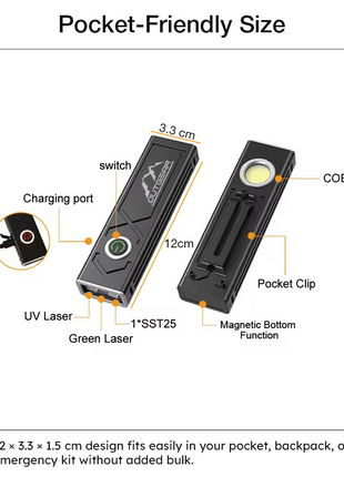 OutGear 1000 Lumens USB-C Rechargeable Aluminum Flashlight with UV & Green Laser | 8 Modes, 100m Beam, 3.7V, IP44