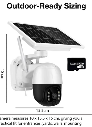 Solar Powered PTZ Security Camera WiFi IP66 Waterproof Motion Detection IR & Full Color Night Vision 3W USB-C 128GB MicroSD Support