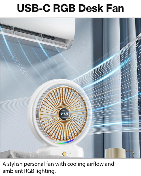 RGB USB‑C Desk Fan – 5 W, 3 Speeds, Tilt 210°- Rose Gold