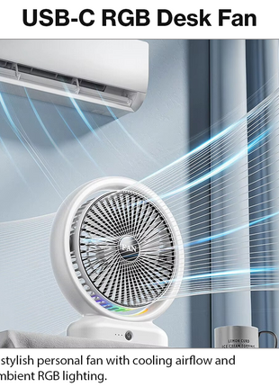RGB USB‑C Desk Fan – 5 W, 3 Speeds, Quiet < 60 dB, Tilt 210°-Silver