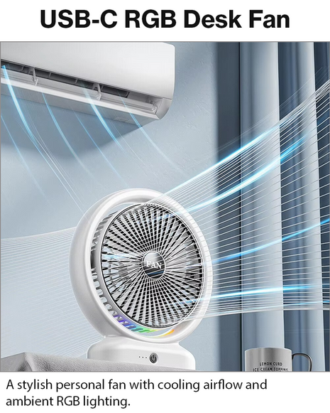RGB USB‑C Desk Fan – 5 W, 3 Speeds, Quiet < 60 dB, Tilt 210°