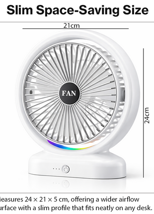 RGB USB‑C Desk Fan – 5 W, 3 Speeds, Quiet < 60 dB, Tilt 210°-Silver