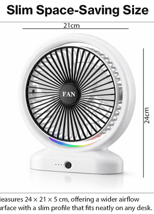 RGB USB‑C Desk Fan – 5 W, 3 Speeds, Quiet < 60 dB, Tilt 210°