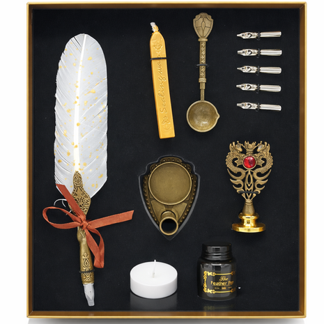 Vintage Feather Quill Calligraphy Pen Set with Wax Seal Stamp, 5 Stainless Steel Nibs, Ink Bottle, Candle & Gift Box