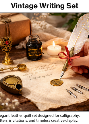 Vintage Feather Quill Calligraphy Pen Set with Wax Seal Stamp, 5 Stainless Steel Nibs, Ink Bottle, Candle & Gift Box