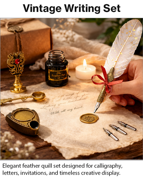 Vintage Feather Quill Calligraphy Pen Set with Wax Seal Stamp, 5 Stainless Steel Nibs, Ink Bottle, Candle & Gift Box