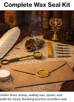 Vintage Feather Quill Calligraphy Pen Set with Wax Seal Stamp, 5 Stainless Steel Nibs, Ink Bottle, Candle & Gift Box