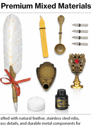 Vintage Feather Quill Calligraphy Pen Set with Wax Seal Stamp, 5 Stainless Steel Nibs, Ink Bottle, Candle & Gift Box