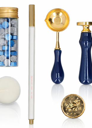 Wooden Handle Wax Seal Stamp Kit with Melting Spoon, Wax Beads, Metallic Pen, Tealight Candles & Gift Box for Envelope Sealing DIY