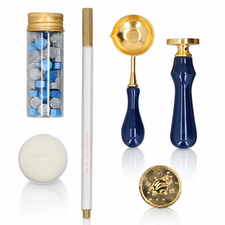 Wooden Handle Wax Seal Stamp Kit with Melting Spoon, Wax Beads, Metallic Pen, Tealight Candles & Gift Box for Envelope Sealing DIY