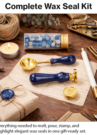 Wooden Handle Wax Seal Stamp Kit with Melting Spoon, Wax Beads, Metallic Pen, Tealight Candles & Gift Box for Envelope Sealing DIY