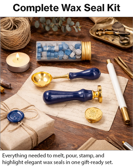 Wooden Handle Wax Seal Stamp Kit with Melting Spoon, Wax Beads, Metallic Pen, Tealight Candles & Gift Box for Envelope Sealing DIY