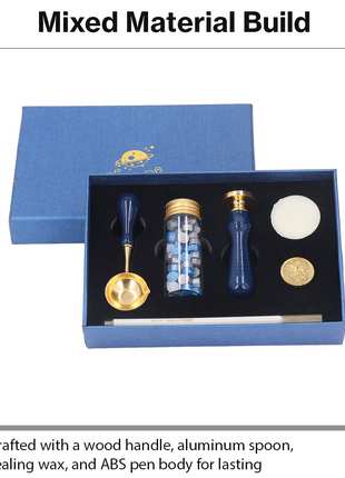 Wooden Handle Wax Seal Stamp Kit with Melting Spoon, Wax Beads, Metallic Pen, Tealight Candles & Gift Box for Envelope Sealing DIY