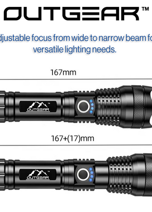 OutGear SuperBeam Flashlight Torch - 2000 Lumens, 300m Range, USB Rechargeable