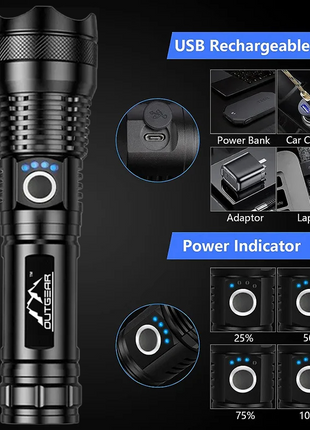 OutGear SuperBeam Flashlight Torch - 2000 Lumens, 300m Range, USB Rechargeable