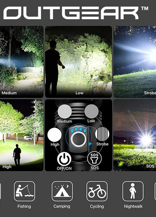 OutGear SuperBeam Flashlight Torch - 2000 Lumens, 300m Range, USB Rechargeable