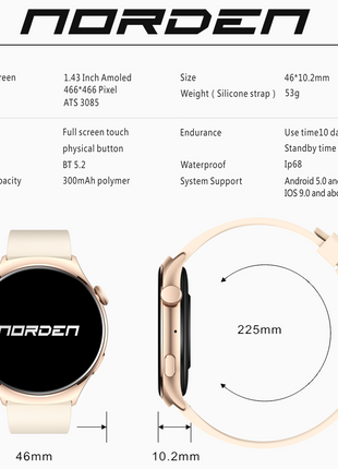 Norden Aspire Smart Watch, 1.43" AMOLED Display, Heart Rate, Oxygen Monitoring, IP68 Waterproof, Bluetooth 5.2, Fitness Tracker with AI Voice Assistant, Music Control, and 7-Day Standby Time - Gold