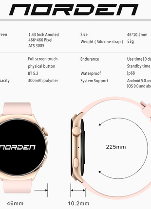 Norden Aspire Smart Watch, 1.43" AMOLED Display, Heart Rate, Oxygen Monitoring, IP68 Waterproof, Bluetooth 5.2, Fitness Tracker with AI Voice Assistant, Music Control, and 7-Day Standby Time - Pink