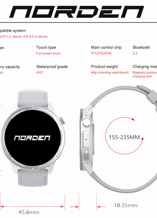 Norden Target Smart Watch with 1.39" HD TFT Full Touch Screen, Realtek 8763EWE Processor, 100+ Sport Modes, Heart Rate &amp; Blood Oxygen Monitor, IP68 Waterproof, BT5.2, 7-Day Standby, Magnetic Charging, Compatible with Da Fit App - Silver