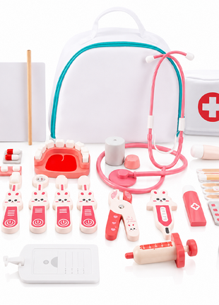 Kids Wooden Doctor Toy Set with Medical Bag, Stethoscope & 34 Pretend Play Nurse Accessories