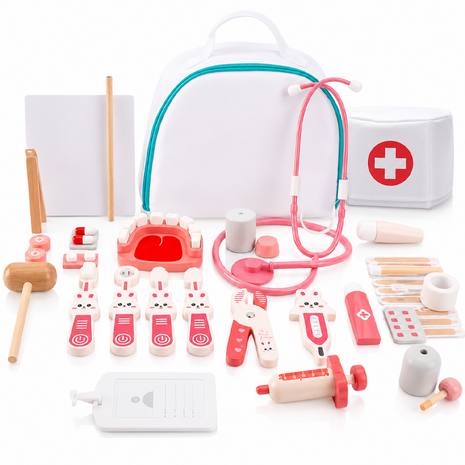 Kids Wooden Doctor Toy Set with Medical Bag, Stethoscope & 34 Pretend Play Nurse Accessories