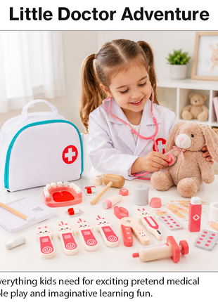 Kids Wooden Doctor Toy Set with Medical Bag, Stethoscope & 34 Pretend Play Nurse Accessories