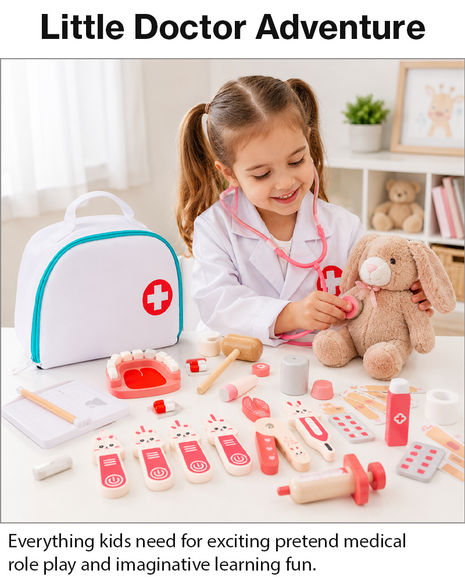 Kids Wooden Doctor Toy Set with Medical Bag, Stethoscope & 34 Pretend Play Nurse Accessories