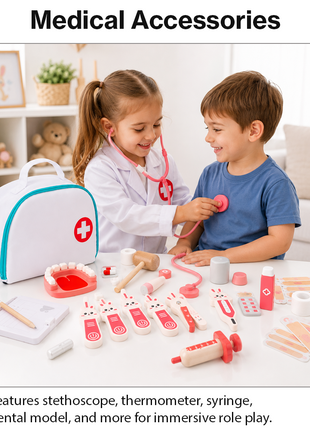 Kids Wooden Doctor Toy Set with Medical Bag, Stethoscope & 34 Pretend Play Nurse Accessories